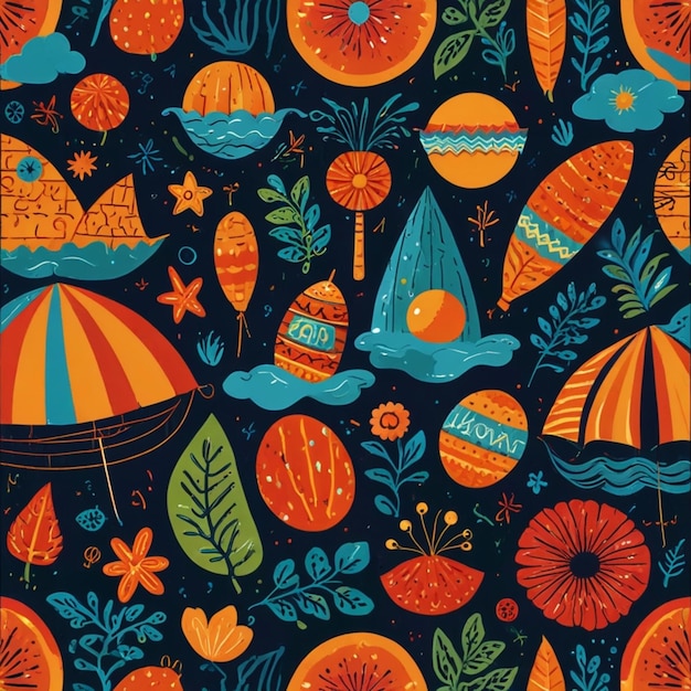 a colorful display of oranges and a beach umbrella summer elements vector graphics