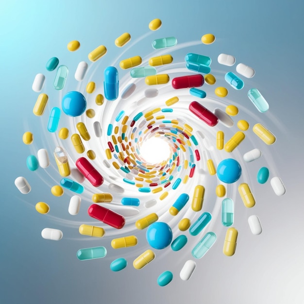 a colorful display of pills and capsules with a blue background