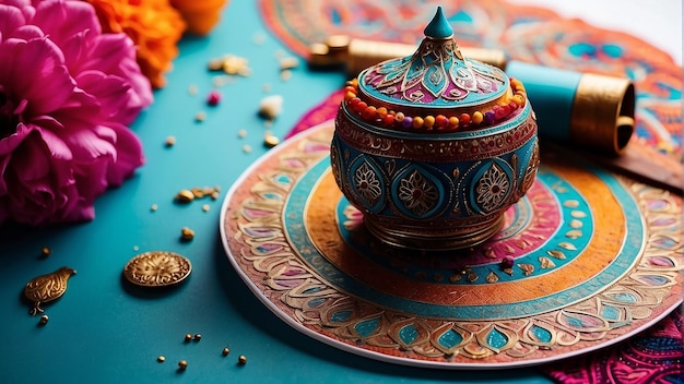 a colorful display of pottery and a blue table cloth with a colorful design