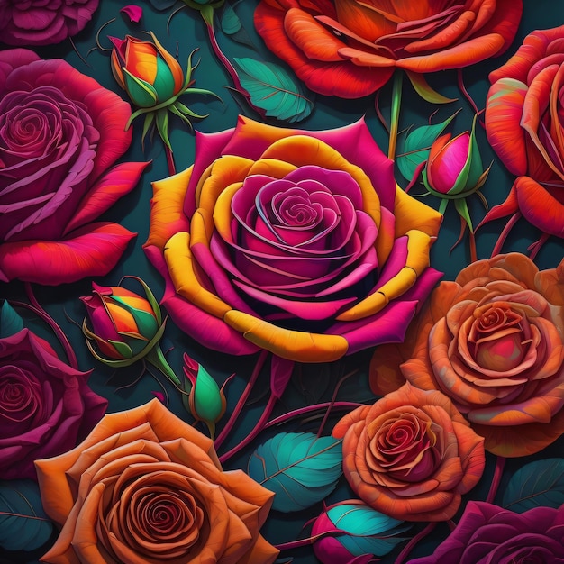 A colorful display of roses with leaves and flowers.