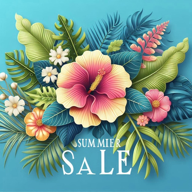 a colorful display for sale with flowers and palm leaves