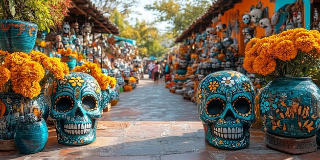 Photo a colorful display of skulls and flowers is displayed in front of a store