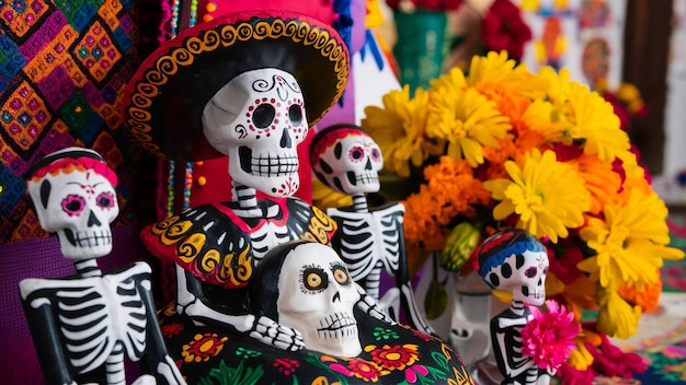 a colorful display of skulls and skeletons with flowers and a skull