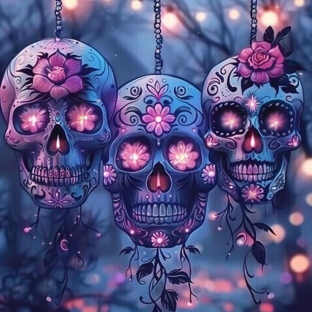 Photo a colorful display of skulls with flowers and the words  sugar