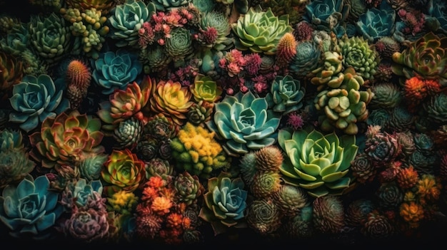 A colorful display of succulents is shown in this image.