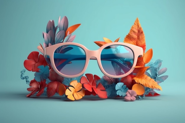 A colorful display of sunglasses with a blue background