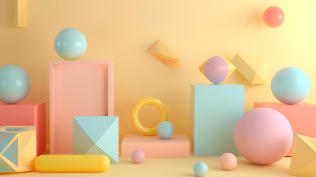 a colorful display of toys and shapes with a yellow background