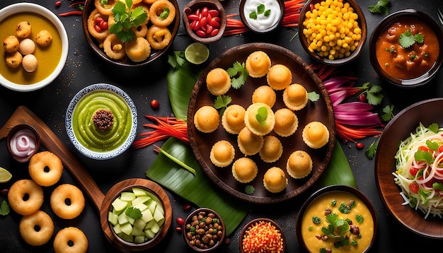 A colorful display of various chaat snacks like pani puri papdi chaat and aloo tikki