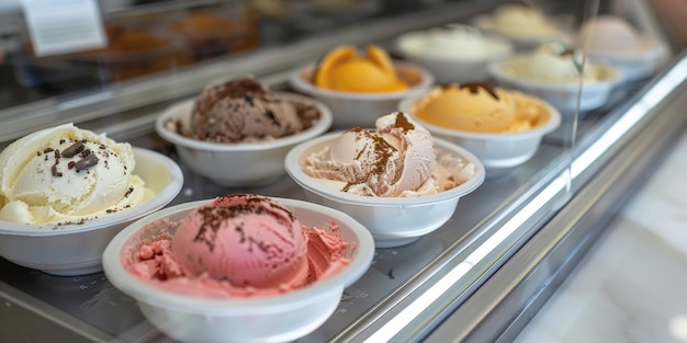 A colorful display of various ice cream flavors in cups showcasing a delightful selection for dessert lovers