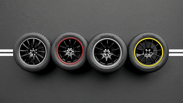 Photo a colorful display of various tire compounds and wheel designs