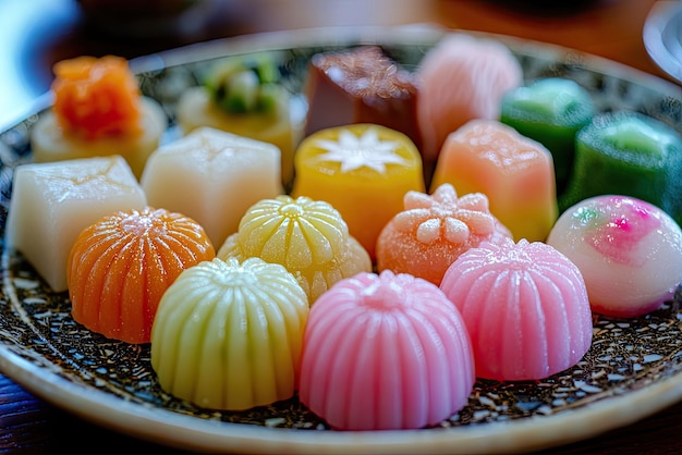 Photo a colorful display of wagashi traditional japanese sweets on plate