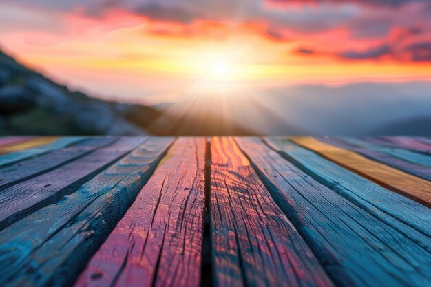 Photo a colorful display of wood with a sunset in the background with empty blank space for text copy space or mockup design high detail 8k ar 32 v 6 job id 7168cd238f83475dbfef2fba9c66e055