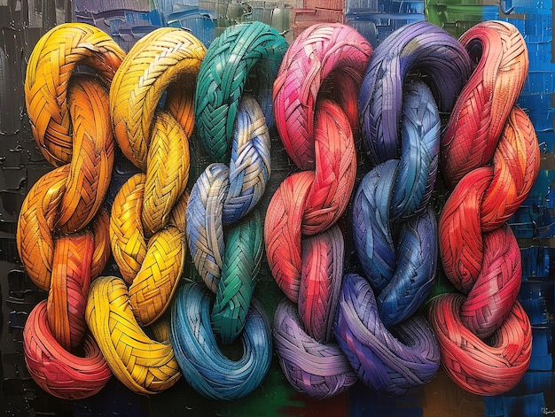 a colorful display of yarns including one that has a blue background