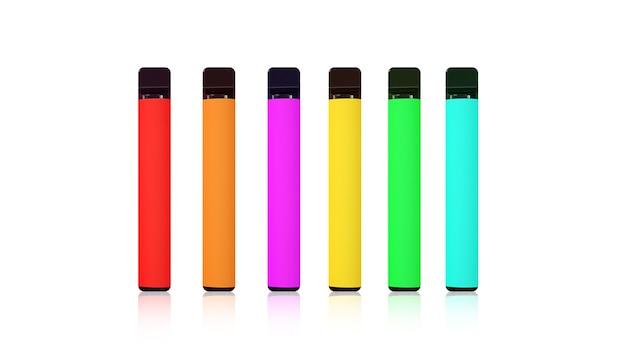 Colorful disposable electronic cigarettes with shadows on a white background. The concept of modern smoking, vaping and nicotine