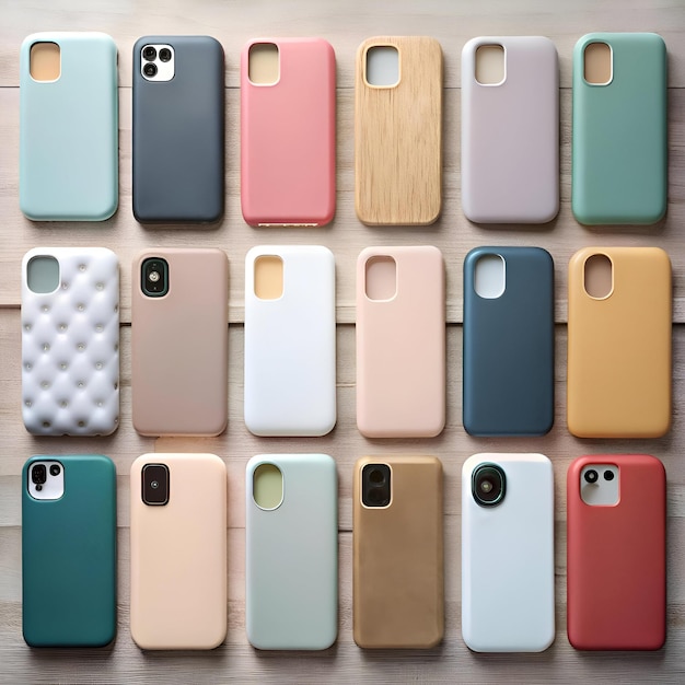 Photo a colorful and diverse collection of 16 phone cases showcasing a range of materials textures and styles