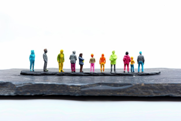 Colorful diverse miniature people figurines on slate plate Diversity concept