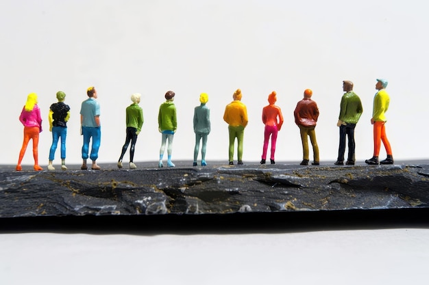 Colorful diverse miniature people figurines on stone slate plate