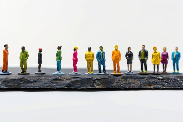 Colorful diverse miniature people figurines on stone slate plate