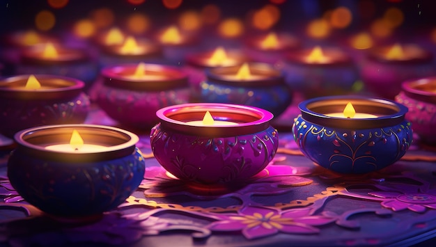 Colorful diya lamps on a purple background