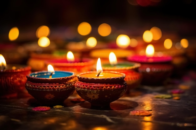 Colorful diya lit traditional oil lamps for holiday hindu diwali festival of lights celebration