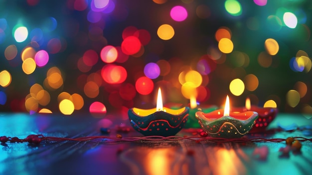 Photo colorful diyas with bokeh lights for diwalixaxa