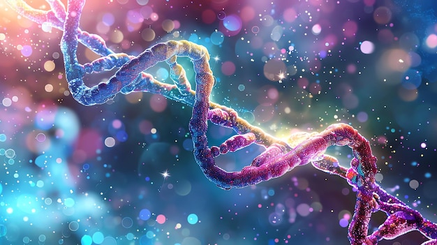 Colorful DNA strand against a sparkly background