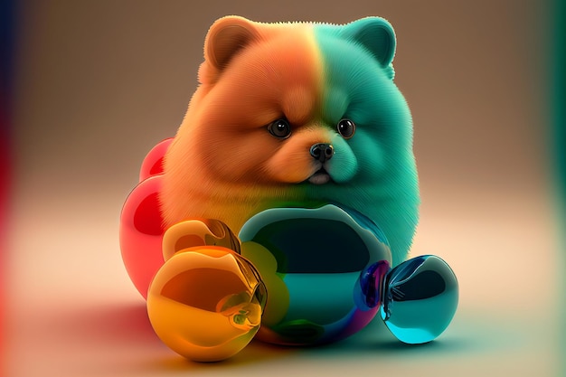 A colorful dog with a ball of rainbow colors sits on a white surface.