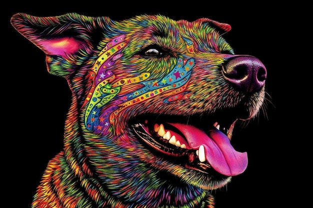 A colorful dog with a black background and the words " happy dog " on the face.