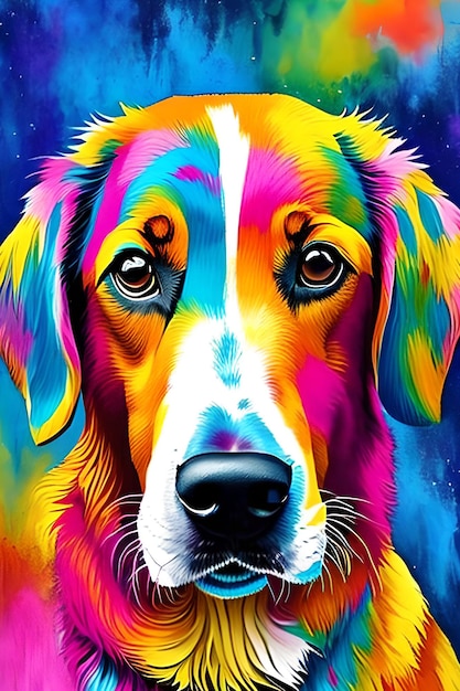 A colorful dog with a black nose and white eyes is shown.