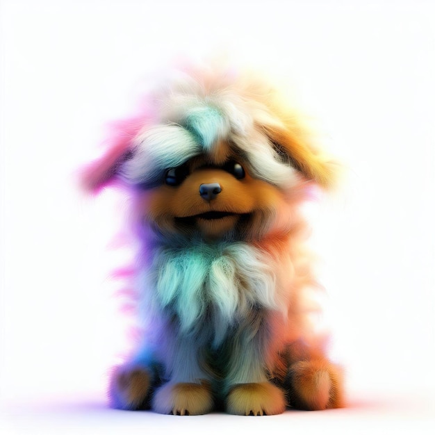 A colorful dog with a long fur coat sits on a white surface.