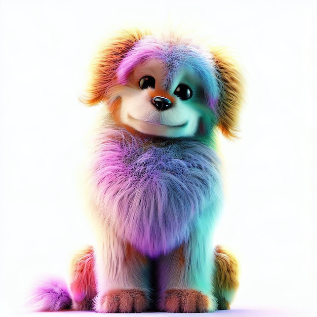 A colorful dog with a purple nose sits on a white background.