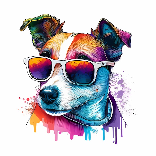 A colorful dog with sunglasses and a rainbow colored shirt.