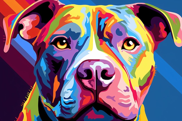 a colorful dog with yellow eyes