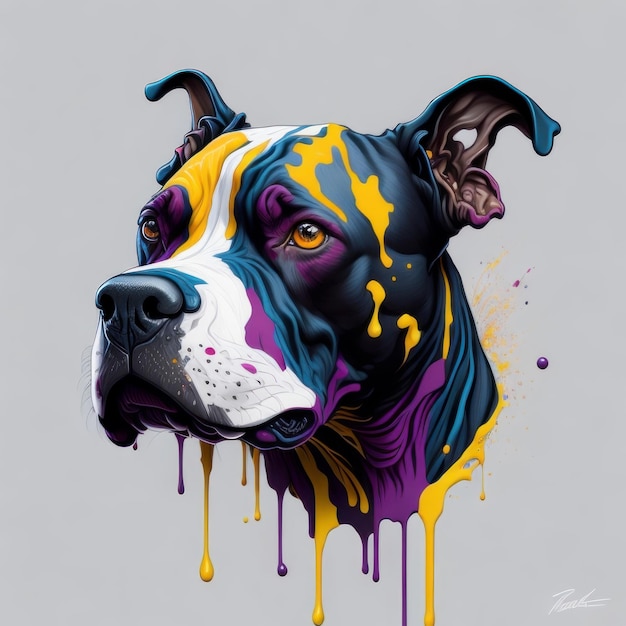 A colorful dog with yellow and purple paint on its face.