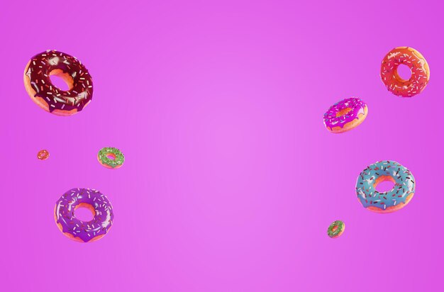 Colorful donuts in the air 3d render Donut border Banner for advertising a coffee shop