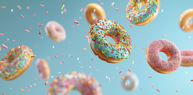 Colorful donuts in midair with sprinkles and glaze on a clear blue background creating a vibrant and appetizing floating dessert scene