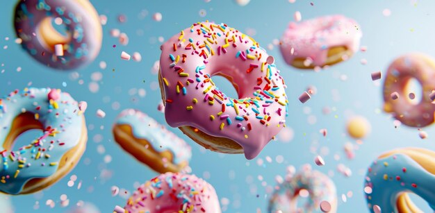 Colorful donuts in midair with sprinkles and glaze on a clear blue background creating a vibrant and appetizing floating dessert scene