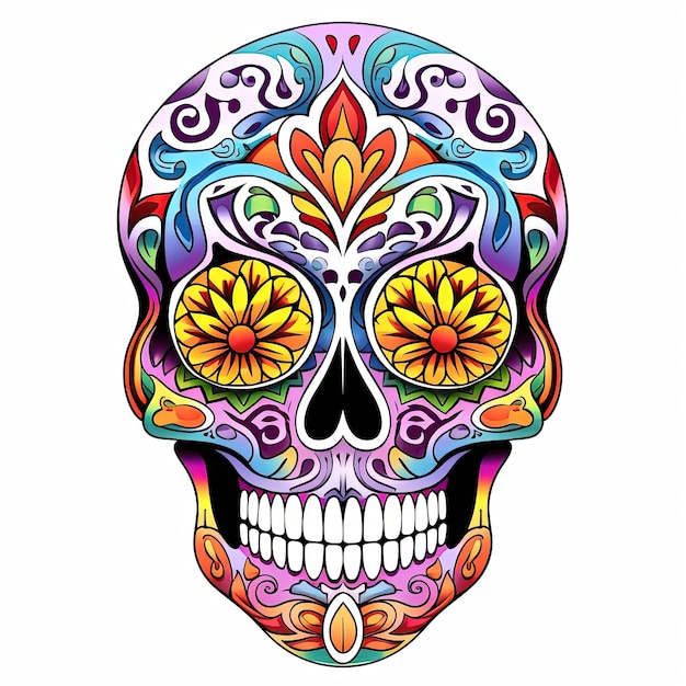 colorful doodle sugar skull coloring in the style of minimalist black and white