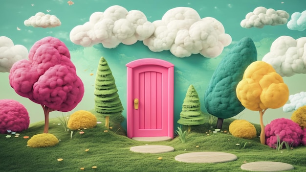 Colorful door in whimsical landscape with trees and clouds