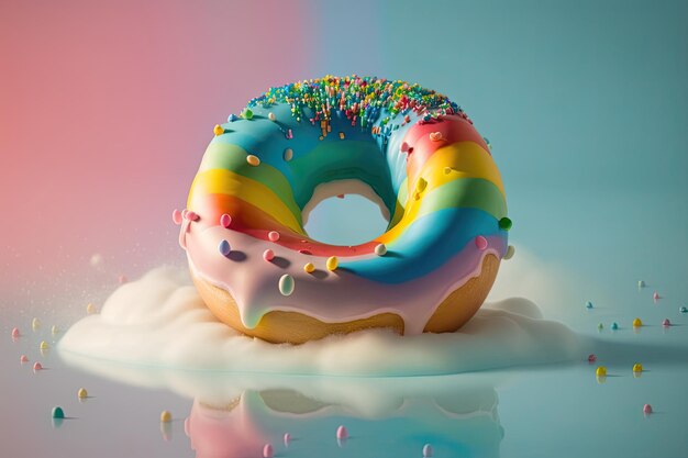 Colorful doughnut falling over a white liquid Rainbow colors Generative AI