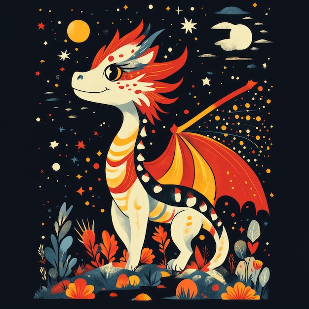 Colorful dragon illustration with whimsical elements