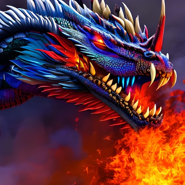 A colorful dragon with blue and red flames on its head