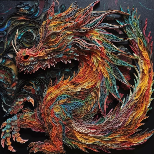 A colorful dragon with many colors is painted on a black background.