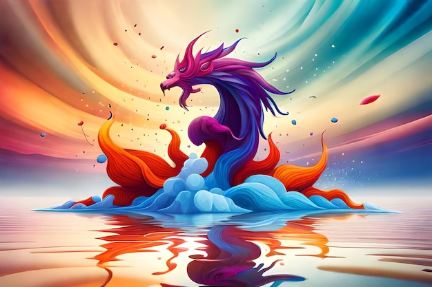 A colorful dragon with orange and blue flames is in the water.