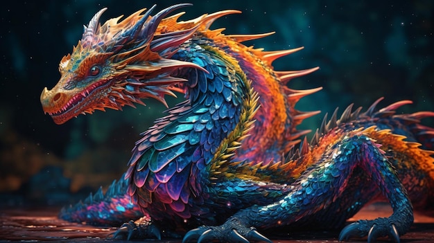 A colorful dragon with a rainbow pattern.