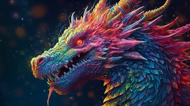 A colorful dragon with a red eye and a blue eye.