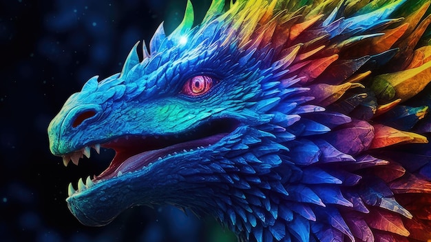 a colorful dragon with sharp teeth