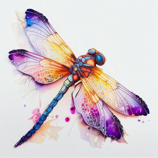 Colorful dragonfly abstract watercolor ink art on white background