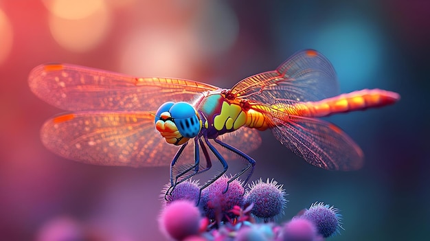 Colorful Dragonfly on Purple Flower with Bokeh Background Illustration