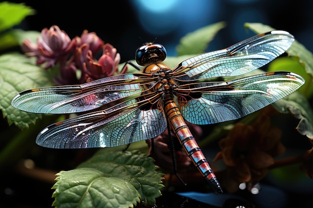 Colorful dragonfly sits on a plant in nature Generative AI